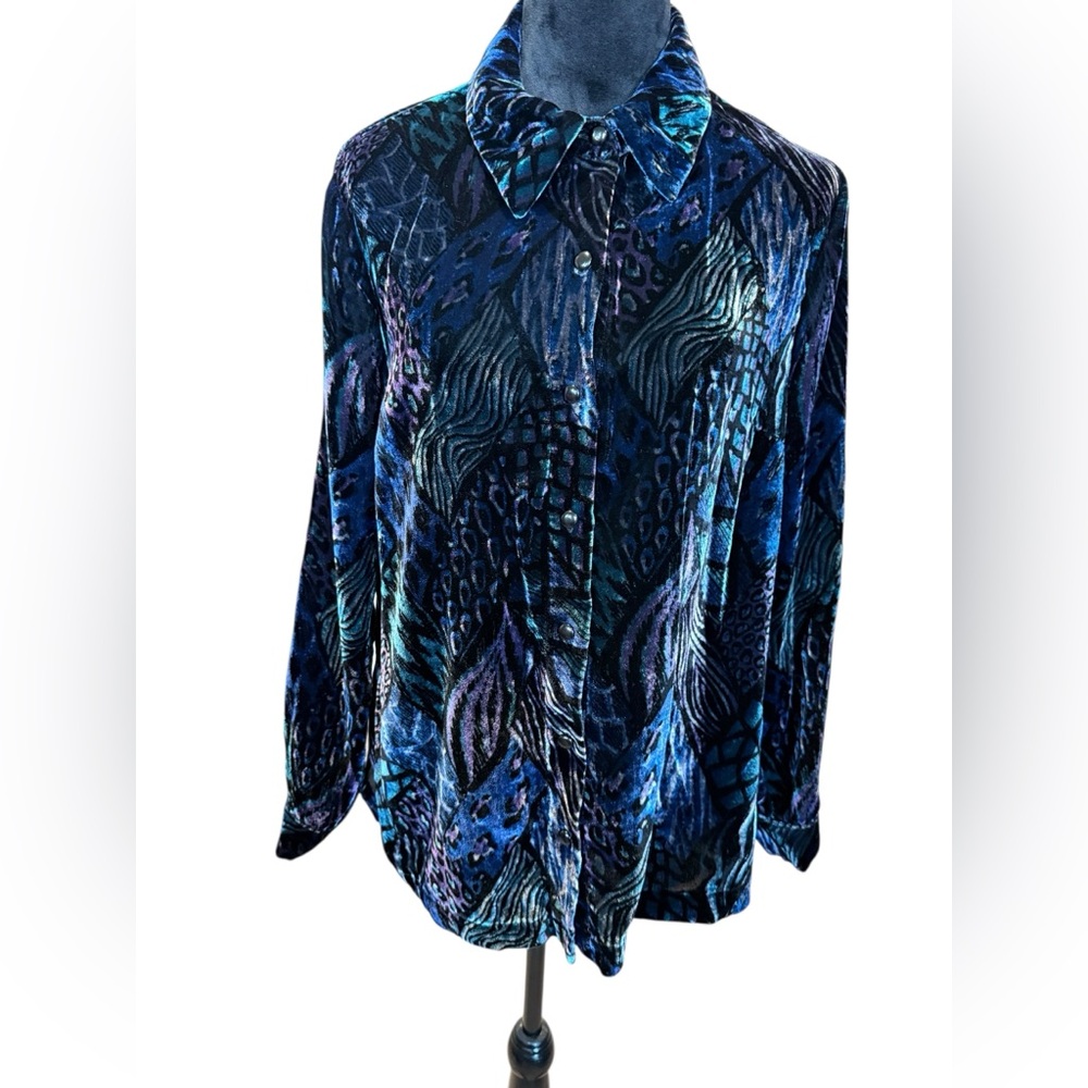 Bob Mackie Blue Multi Velvet Button-Down Shirt